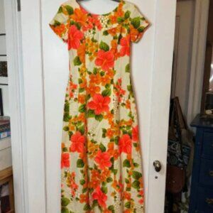 1960s Vintage Ui-Maikai Hawaii Creme and Orange Fluorescent Pink Floral Dress